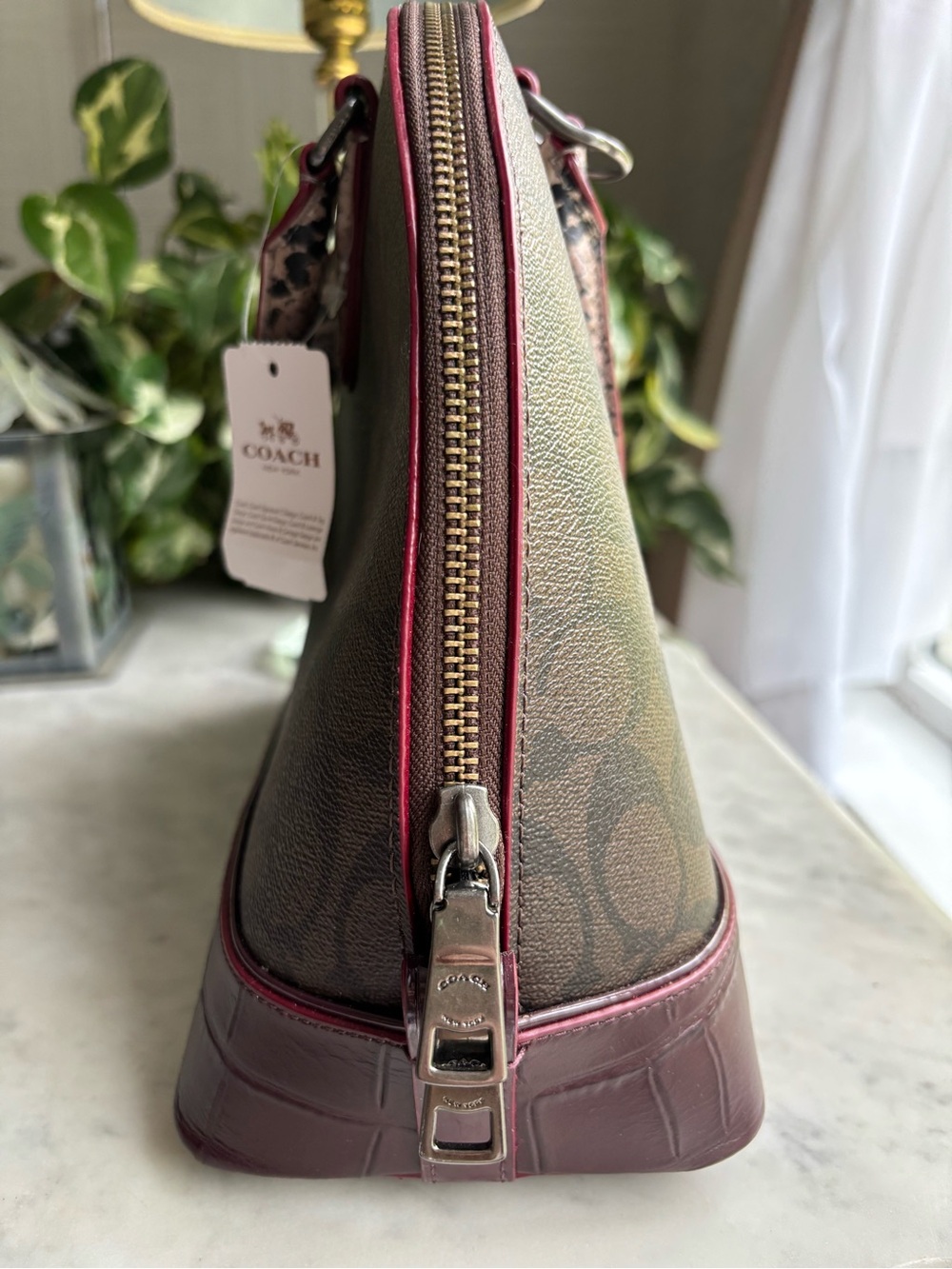 NWT Coach Sierra Burgundy and Brown Signature Dome Satchel with Mixed ExoticTrim - Picture 4 of 16